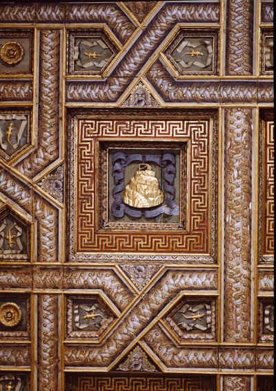 Sala dei Cavalli, View of the Ceiling with the Carved Gonzaga Impresse of Mount Olympus, Lizards and Ornamented Rosettes Bordered by Trompe l